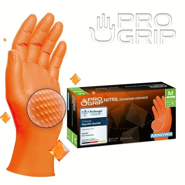 PROGRIP Nitrilhandschuhe Diamond ORANGE – extra griffig, lebensmittelecht, stark belastbar