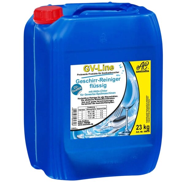 Assindia GV-Line Geschirr-Reiniger flüssig – 23 kg Aktiv-Chlor Spülmaschinenreiniger für Gewerbe