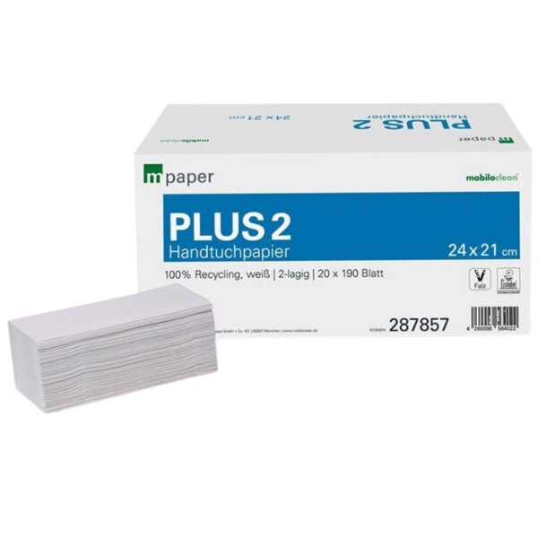 mpaper Papierhandtücher Plus² 2-lagig V-Falz 24,2x21cm, 3800 Stück
