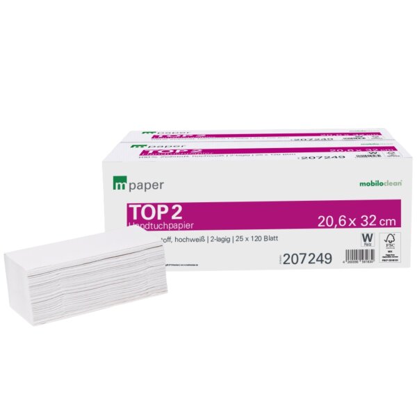mpaper Papierhandtücher TOP² 2-lagig W-Falz hochweiß 20x32cm, 1875 Stück