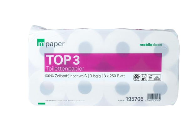 mpaper Toilettenpapier TOP³ 3-lagig hochweiß 9x8Rollen à 250Blatt (9,5x11cm)
