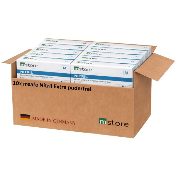 msafe Nitril-Handschuhe Extra puderfrei blau - Karton á 10 Packungen (Größe M)