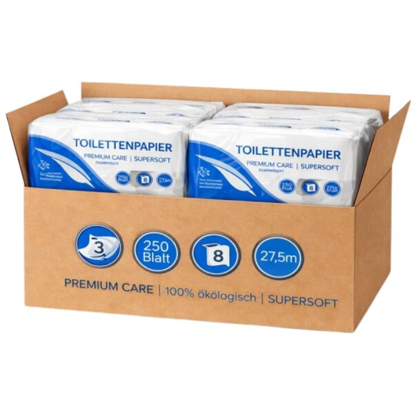 Toilettenpapier 3 lagig Zellstoff SUPER SOFT - 250 Blatt - Karton á 4x8 Rollen