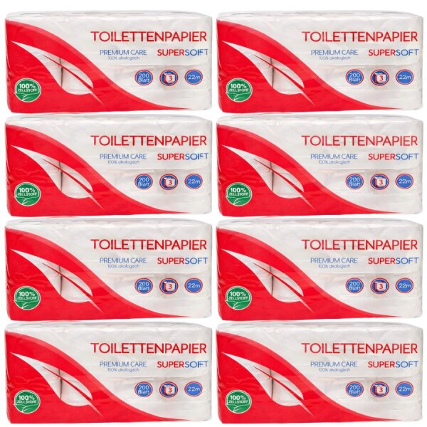 Toilettenpapier 3 lagig Zellstoff - 200 Blatt -  8x8 Rollen