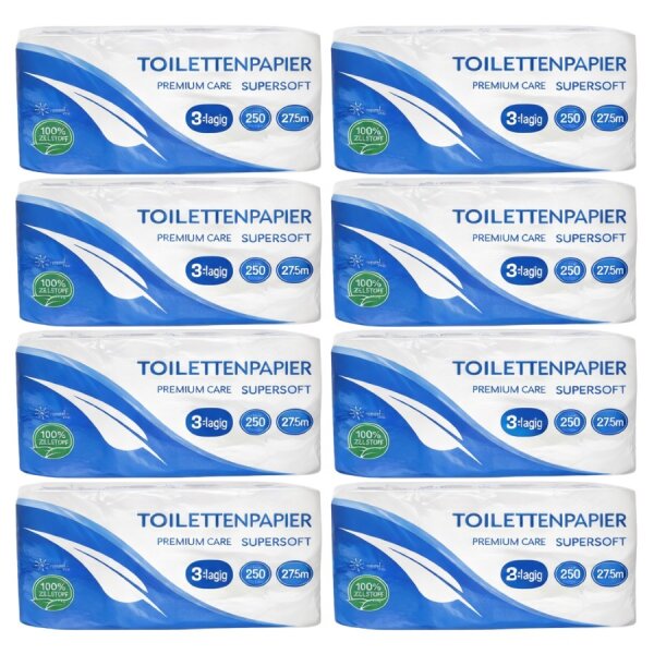 Toilettenpapier 3 lagig Zellstoff SUPER SOFT - 250 Blatt - 8x8 Rollen